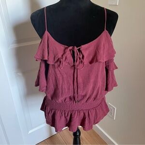 Anthropologie Moon River Maroon Shoulder Strap Linen/Cotton Blend Top EUC Size M